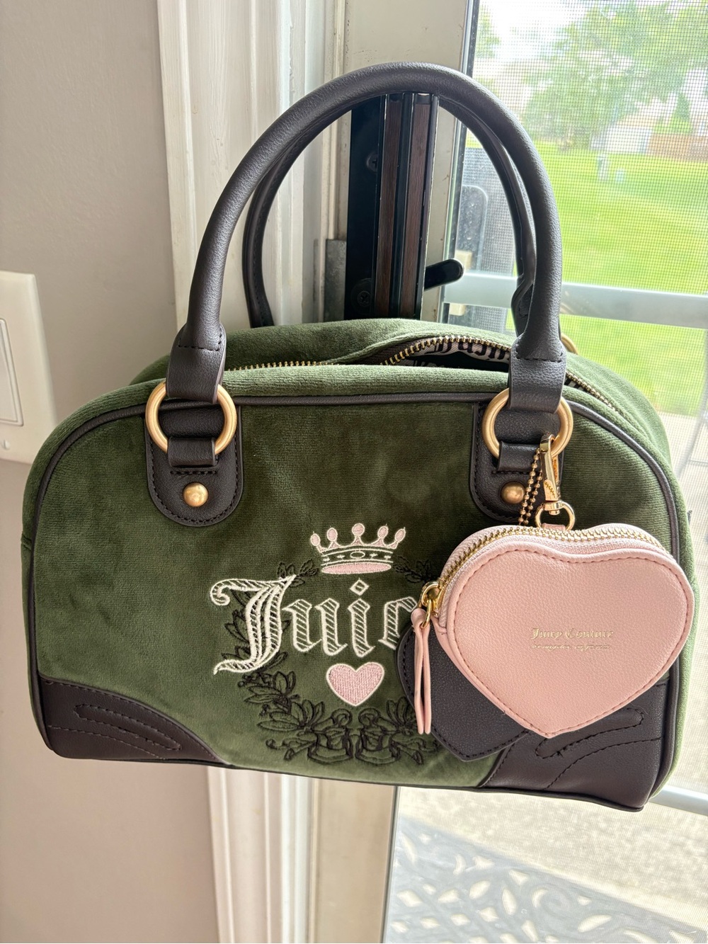 Juicy Couture Olive Green Suede Satchel with Pink Heart Coin Purse